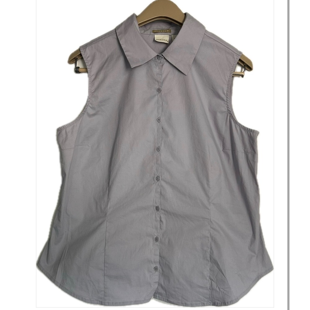 Merona Womens Sleeveless Button Down Shirt Lavender Gray Stretch Cotton Large